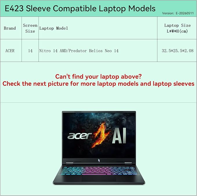 Smatree Elite Laptop Sleeve for 14.5 inch Acer Predator Helios Neo 14/Nitro 14 AMD, Protective Laptop Case with Pocket (E423)