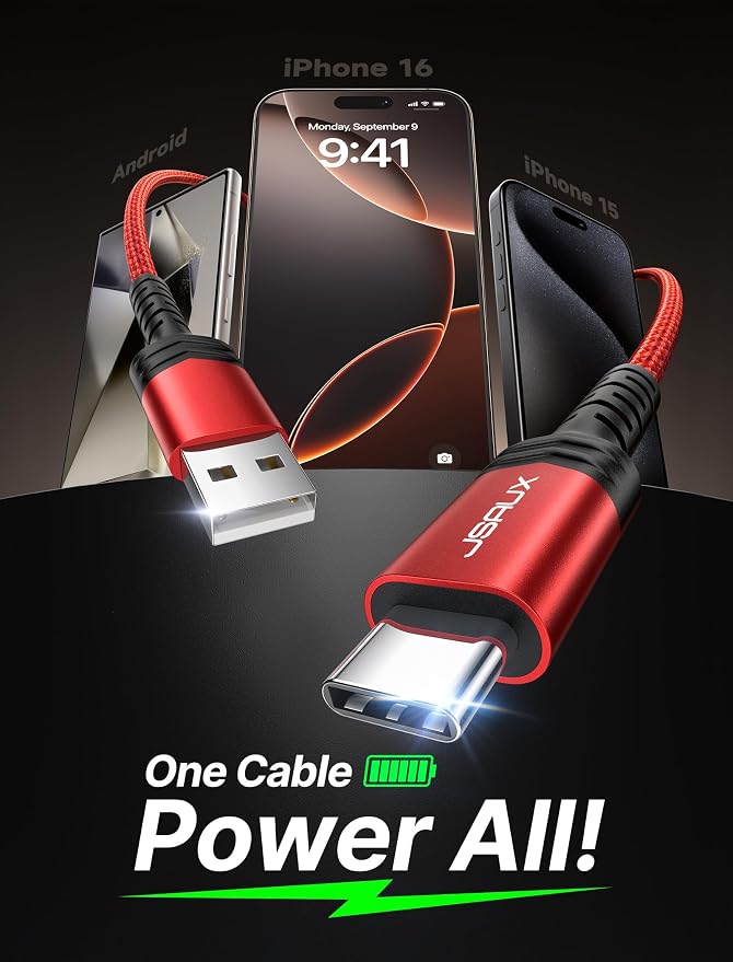 JSAUX USB C Cable [2-Pack 10ft], USB A to USB Cord Fast Charging for iPhone 17e, iPhone Air, iPhone 17, iPhone 17 Pro Max, iPhone 16/iPhone 15 Series, Samsung S20 S10, Note 20 10, Car Play - Red