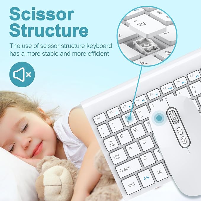 cimetech Wireless Keyboard and Mouse, [Rechargeable Mouse][Silent Scissor Switch Key][Labor-Saving Buttons]Ultra Slim Wireless Computer Keyboard and Mouse, Easy Setup for PC/Laptop/Mac/Windows - White