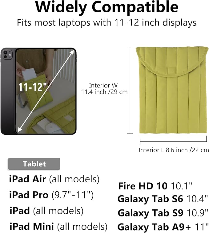 Puffy Laptop Sleeve 11-12 Inch Green, Protective Carrying Case for Men and Women, Cute Case Bag Compatible with 11 and 12 Inch Laptops, 10.9" Ipad 10, 10.2" Ipad 7 8 9 in Cover