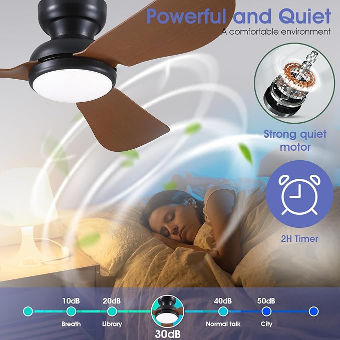 Kviflon 46 Inch Modern Ceiling Fans with Lights, Flush Mount Ceiling Fan, Remote/APP Control, 3 Reversible Curved Blades, 6 Speeds, 3 CCT Dimmable LED Lights for Living Room Bedroom, Brown
