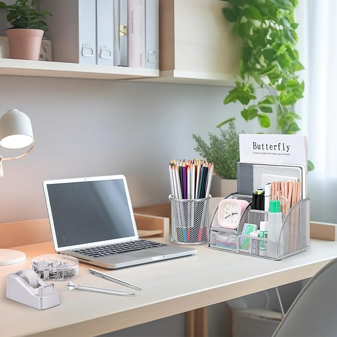 SYMDROMIA 13-in-1 Office Desk Organizer Set with Stapler and Tape Dispenser, Pen Holder, Scissors, Ruler, Hole Punch, 2 Pens & More Desktop Accessories for Back to School Supplies (Silver)