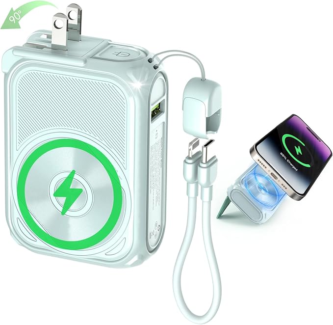 SEANCHEER P05 Portable Charger, Magnetic Power Bank, Small PowerBank, Battery Pack10000mAh Travel Essentials Fast Charging with Built in Cable, Foldable Wall Plug for iPhone,Samsung,Andriod (Green)