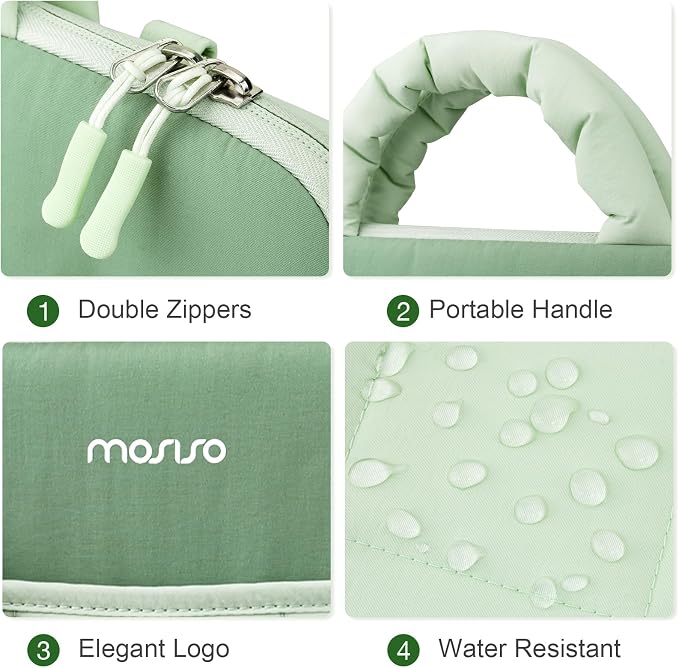 MOSISO 360 Protective Laptop Bag for Women, Puffy Lightweight Rectangle Quilted Carrying Case Shoulder Bag with Trolley Sleeve, 15-16 inch Computer Bags Laptop Sleeve with Handle & Front Pocket, Green