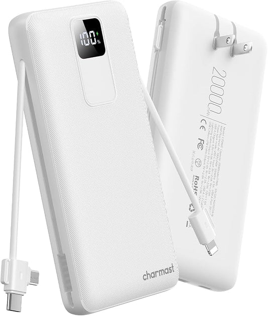 charmast Portable Charger with Built-in Wall Plug and Cables, 20000mAh Power Bank Travel Essentials, 20W Fast Charging Battery Pack Compatible with iPhone 17/16/15/14/13/12/11, Samsung, Android