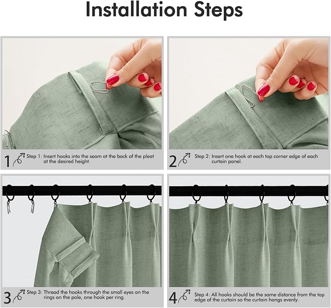Memory Trained Pinch Pleated Curtains 92 Inches Long, Viral Linen Pinch Pleat Sheer Curtains with Ring Hooks&Clips for Track System Living Room, Sage Green Light Filtering Privacy Curtain 2 Panel Set