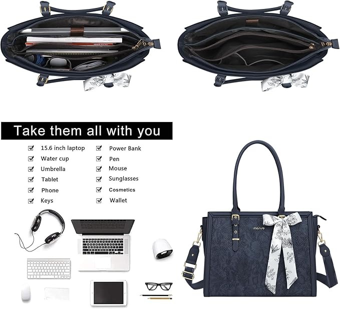 MOSISO Laptop Bag for Women, 17-17.3 inch PU Leather Tote Bag Compatible with MacBook, HP, Dell, Asus Notebook, Front Embossed Retro Hibiscus Computer Bags with Silk Scarf&Clutch Purse, Haze Blue