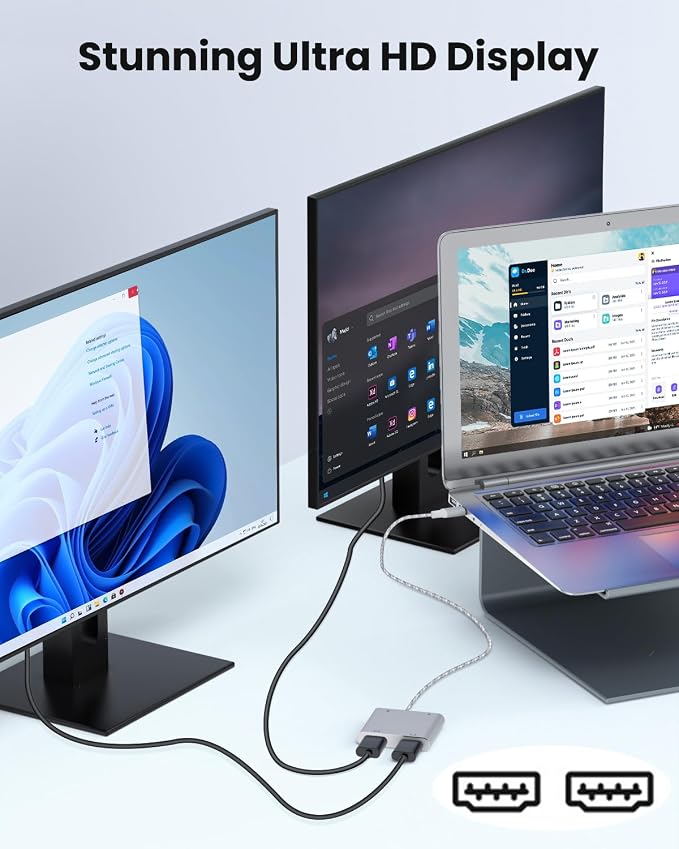 USB C to Dual HDTV Adapter, Silver 19.7in Braided Cable with 4K@60Hz with 100W PD, USB-A, Support C to 2 HD Splitter Extended Display for Type C Devices (MacOS only Mirrors Same Screen)