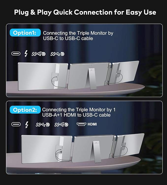 Laptop Screen Extender 16"- 1200P 16:10 FHD Triple Monitor for 12-18.5", Portable Monitor for Laptop with HDMI and USB-C Connectivity for MacBooks(NOT M1 M2 M3)/Wins, Chrome, Surface