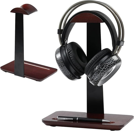 Walnut Wood Headphone Stand with Pen Holder - Desktop Wooden Headphone Stand, Solid Wood Headset Holder & Executive Desk Organizer for Office, Compatible with AirPods Max, Sony, Bose