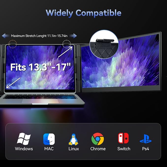 One Cable Connection Triple Laptop Screen Extender - Ultra Thin 14" Monitor IPS FHD 1080P Lightweight Portable Display for 13"-17" Laptops Compatible with Windows Mac Chrome Travel Work Setup