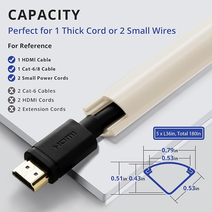 ZhiYo Corner Cable Concealer, Corner Cord Hider for One Cord, 180in (5 x L36in) Wire Covers for Cords, Paintable Cord Cover, Cable Management Channel Raceway for Wall, Floor Baseboard, Ceiling, Beige