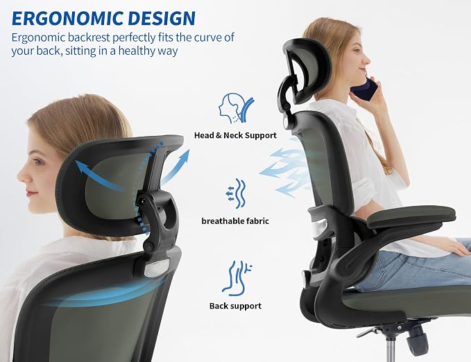 TRALT Ergonomic Office Chair - Desk Chair with Adjustable Headrest Lumbar Support Computer Chair - Mesh Comfy Chair with Flip-up Armrests - Gaming Chairs for Adults Home Office (Leather, Dark Green)