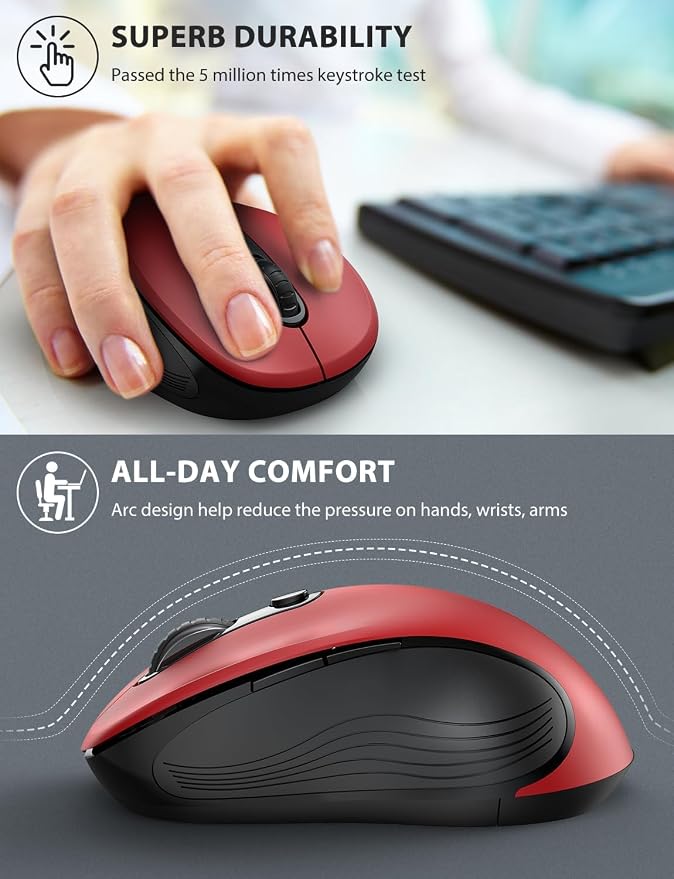 Trueque Wireless Mouse for Laptop, 2.4GHz Ergonomic Computer Mouse with Back & Forward Buttons, 3 Adjustable DPI Levels, 6 Buttons, Optical USB Cordless Mice for Windows PC, M01 (Red)