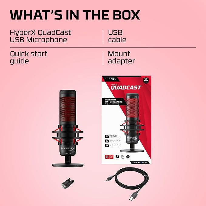 HyperX QuadCast - USB Condenser Gaming Microphone, for PC, PS4, PS5 and Mac, Anti-Vibration Shock Mount, Four Polar Patterns, Pop Filter, Gain Control, Podcasts, Twitch, YouTube, Discord, Red LED