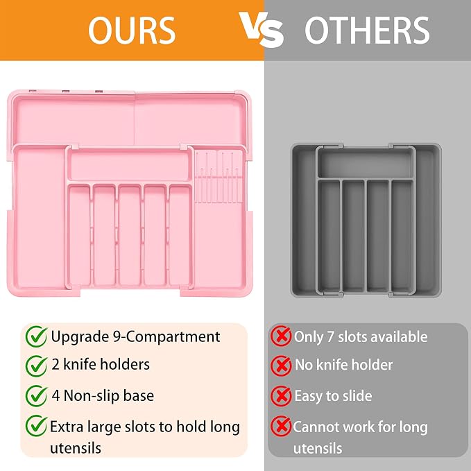 Homecor Silverware Organizer - Expandable Large Kitchen Drawer Organizer Utensil Organizer with 2 Knife Block Inserts, 22"x 19"Cutlery Tray with Drawer Dividers for Kitchen Flatware (Pink)