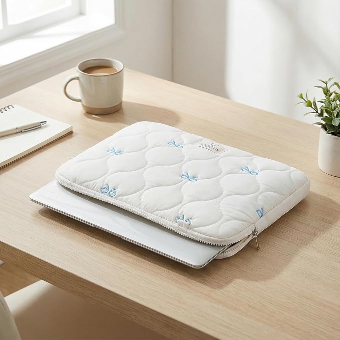 Cute Bow Laptop Case Coquette 13-15 Inch Puffy Laptop Sleeve Accessories Aesthetic Quilted Computer Bag for MacBook (White 1, 13-14inch)