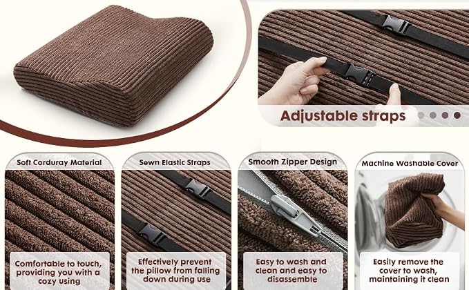 B Shape Corduroy Recliner Foot Pillow, Foam Extra Large Foot Rest Cushion with Adjustable Straps, Suitable for Bed Chair Sofa Headrest Back Lumbar Leg Support Pillow (Brown)