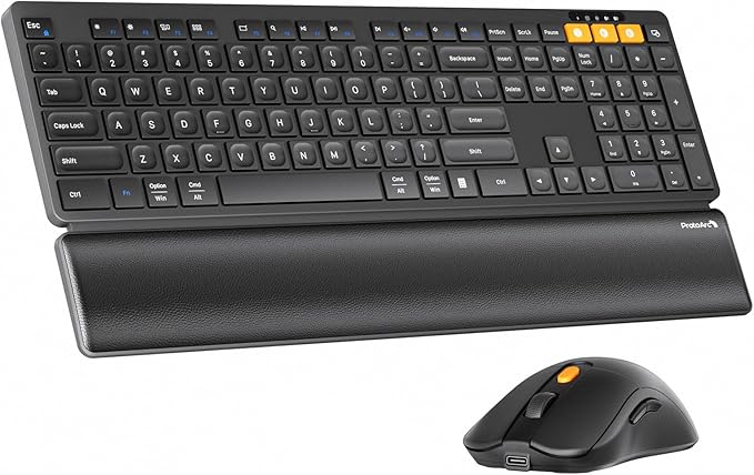 ProtoArc KM60 Wireless Bluetooth Keyboard and Mouse, Ergonomic Keyboard with Wrist Rest, Multi-Device, 2.4GHz + Dual Bluetooth, Full Size, Rechargeable, for Laptop/Computer/PC/Windows/Mac, Black