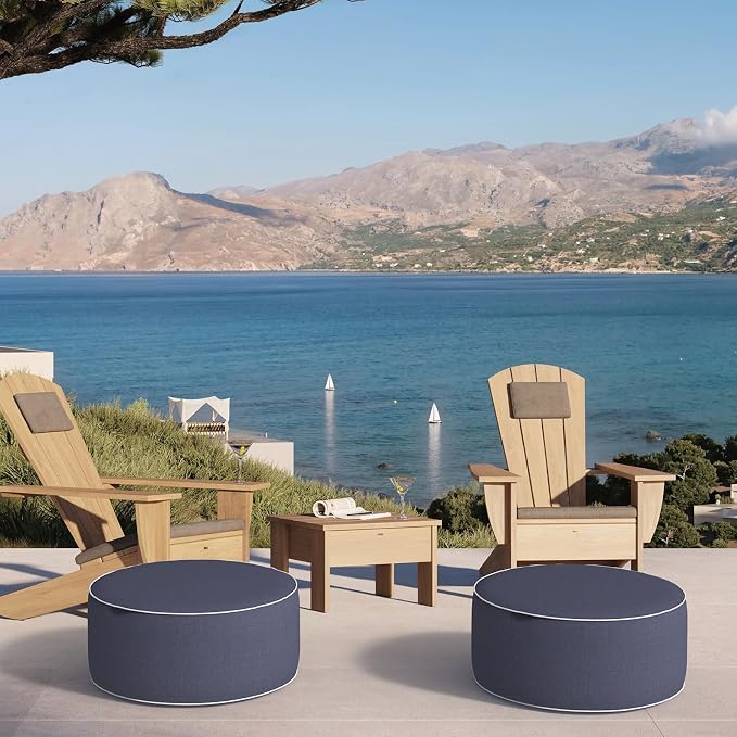 DYTXIII Inflatable Ottoman Stool D21 xH9 for Outdoor/Indoor Use, Water Repellent Patio Foot Rest Stool with Portable Handle,Round Pouf Ottoman Suitable for Garden,Deck and Camping - Textured Navy