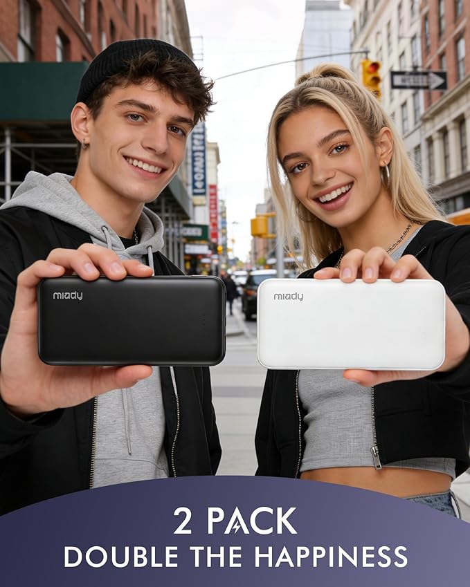 Miady 2-Pack Portable Charger, Slim 10000mAh Power Bank Travel Battery Pack 3 Outputs 2 Inputs Compatible with iPhone 17/16/15/14/13 Galaxy S24/22 iPad Android etc (Blue+Pink)