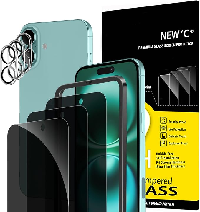 NEW'C 3x Privacy for iPhone 16 Plus Screen Protector (6.7 inches)+ 3x Camera Lens Protector, Sensor Protection, Case Friendly Tempered Glass Film + Dust Plug - Easy installation tool included