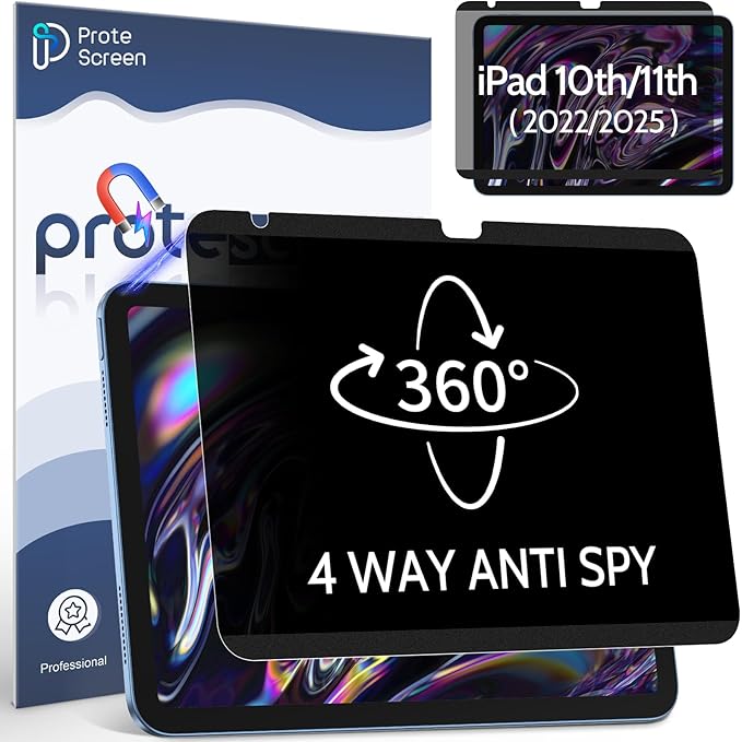 360° Magnetic Privacy Screen for iPad 10th Gen 2022 10.9 Inch & iPad 11th Gen A16 2025 11in, 4 Way Privacy Removable Anti Glare Blue Light Filter Shield Film Anti Spy Protector