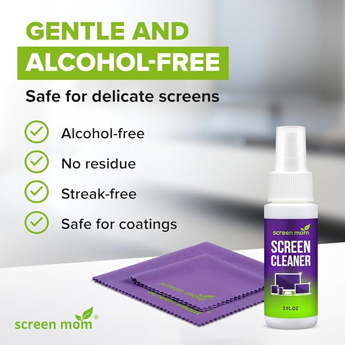 Screen Cleaner Spray and 2 Microfiber Cloths - 2oz Bottle by Screen Mom-Screen Cleaner Spray and Wipe for TV, Computer, Phone, iPad, Car Screen Cleaning Kit Electronic Cleaner Spray