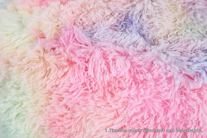 Asuprui Pouf Ottoman Unstuffed Round Bean Bag Poof Ottoman Seat Soft Faux Fur Footrest Stool 20x20x12 Inches Fuzzy Chair Floor Chair Foot Rest with Storage for Living Room Bedroom Rainbow Pouf Cover