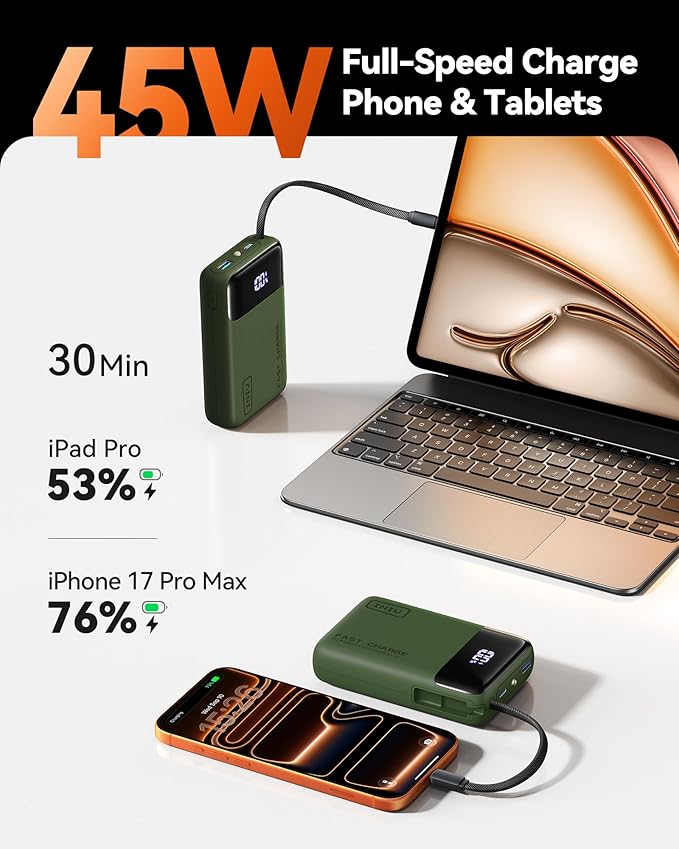 INIU 20000mAh Power Bank, Small 45W PD Fast Charging Portable Charger with Built-in USB C Cable, Flight-Safe Travel External Phone Battery Pack for iPhone 17 Pro Max Samsung S26 iPad etc, Green