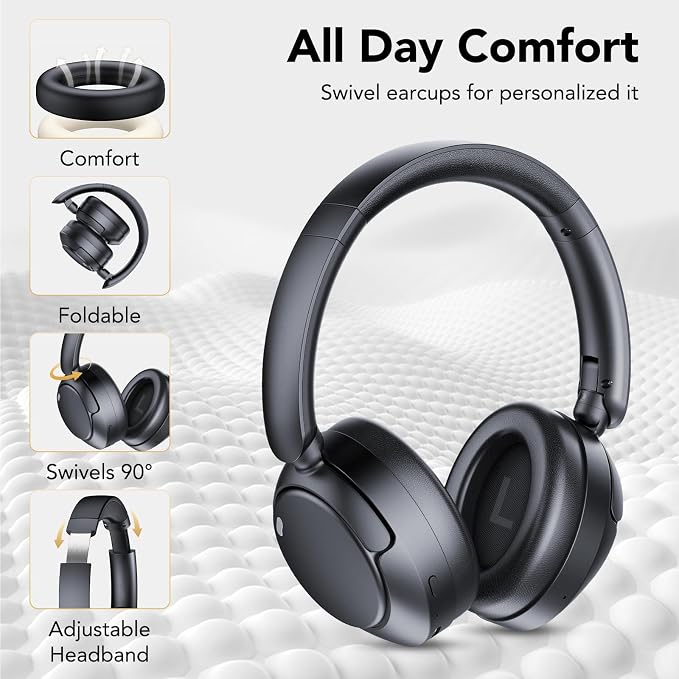 Hybrid Active Noise Cancelling Bluetooth Headphones, Wireless Over Ear Headphones with Bluetooth 5.4, 80H Playtime, Stereo Sound, 6 ENC Clear Call Mic, Low Latency for Travel Office Workout