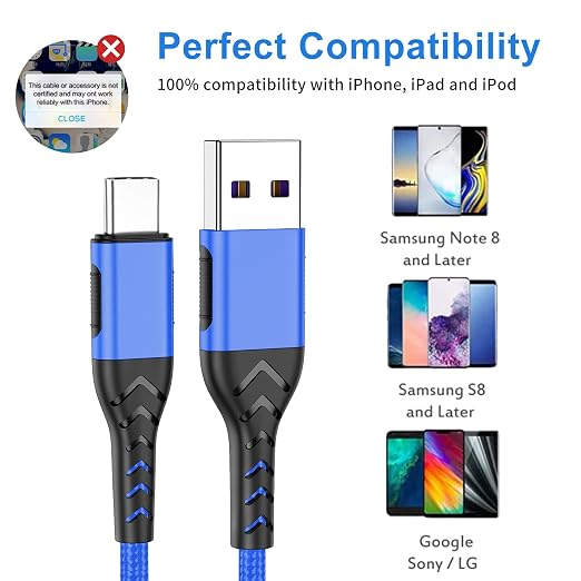 Durcord USB C Fast Charging Cable, Upgraded 2Pack 6ft USB C Charger for Android Phone Pad, Type C Charger Braided USB Cable Compatible with iPhone 15/Pro/Plus/Max - Blue