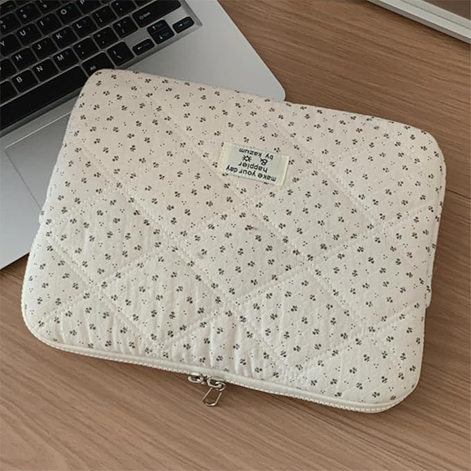 Puffy Laptop Sleeve 13-15.6 Inch Corduroy Quilted Laptop Protective Case Cute Floral Computer Sleeve Protective for MacBook (Cream Ditsy, 11 Inch)