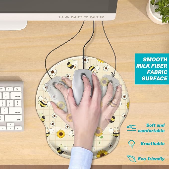 Hancynir Sunflower Bee Ergonomic Mouse Pad with Wrist Rest, Cute Gel Mousepad Wrist Support, Computer Gaming Mouse Pad with Pain Relief Non-Slip PU Base for Desk Accessories Office Decor Supplies