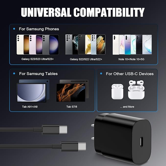 2Pack 25W USB C Charger for Samsung Galaxy S24 Ultra, Super Quite Fast Charging Type C Block with 3FT C to C Cord for Samsung Galaxy Tab S9 S8 S23 Ultra S22 Ultra S23 S22+ S22 S21 Note 10 Plus 20
