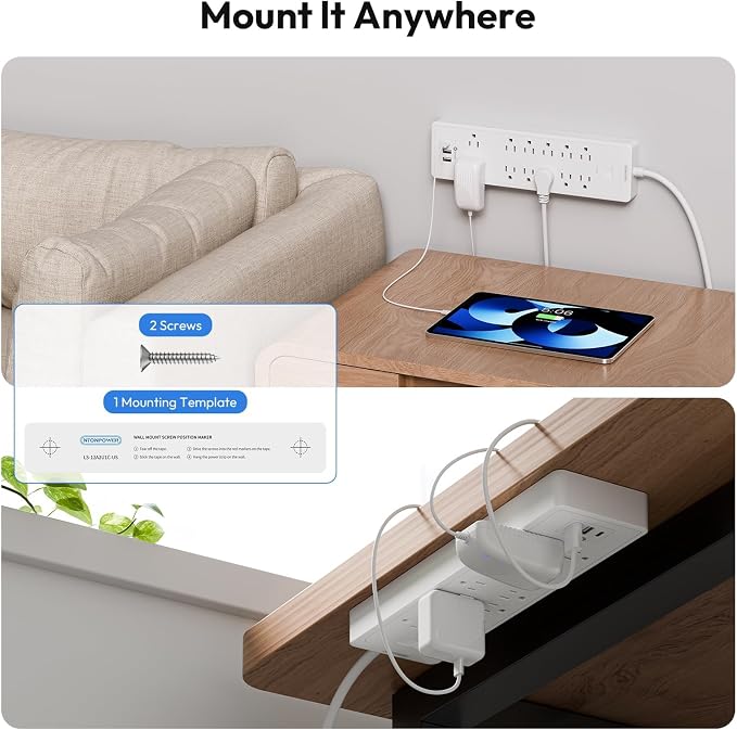 15 ft Extension Cord Flat Plug Power Strip, NTONPOWER 2100 Joules with 12 Outlet 3 USB Port, 1875W/15A, Overload Protection, Long Cord Wall Mountable for Home Office Accessories, White
