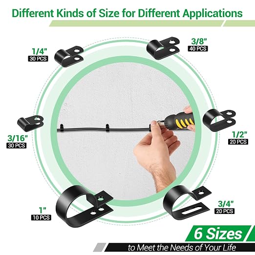 Cable Clips for Cable Management Cord Organizer, 6 Sizes 300 PCS Nylon R-Type, 3/16'' 1/4'' 3/8'' 1/2'' 3/4'' 1'' Black Plastic Screw Mounting Cord Fastener Clamp Assortment Kit with M4 Screws