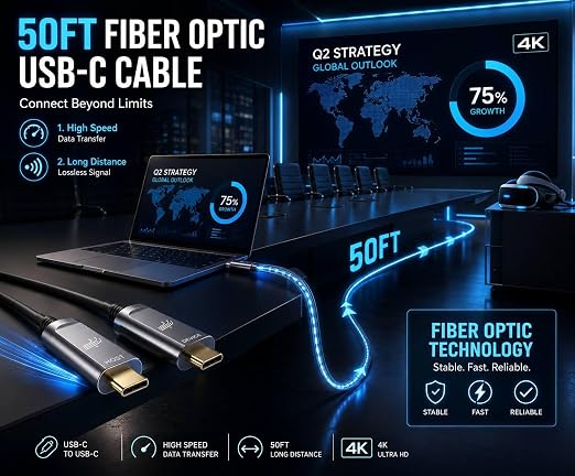 Fiber Optic USB A to USB C Cable(50ft),High Speed 10Gbps USB 3.2 Gen2 Active Optical Cable for VR, Webcam, Laptop,Camera,Projector etc,Grey