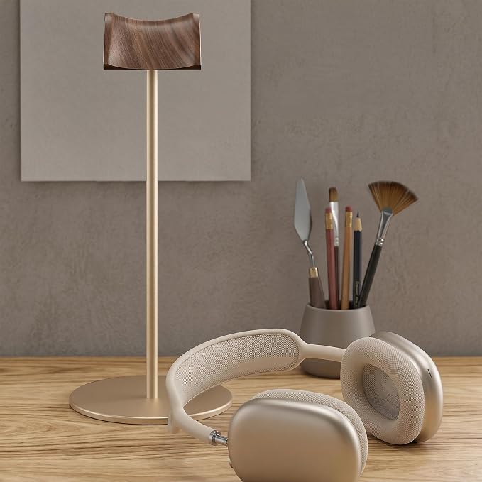 Headphone Stand, Walnut Wood & Aluminum Headset Stand, Nature Walnut Gaming Headset Holder with Solid Heavy Base for All Headphone Sizes (Gold)