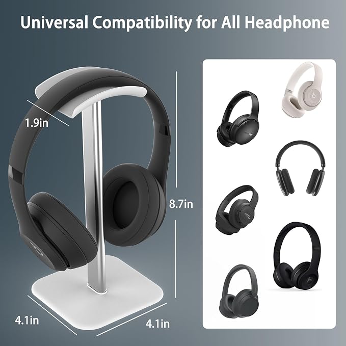 Headphone Stand for Desk - Headset Stand with Aluminum Hanger and Plastic Headrest, Headphone Holder for AirPods Max, Sony, Bose, Beats and More (White)