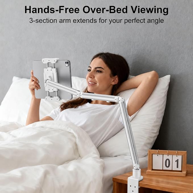 Portable Monitor Stand 15.6", Heavy Duty Tablet Arm Mount with Desk Clamp, Sag-Free Adjustable iPad Holder for Bed, 360° Foldable Arm Fits 4.7"-18.5" iPad Pro/Air/Mini, 2.2lbs Capacity, White