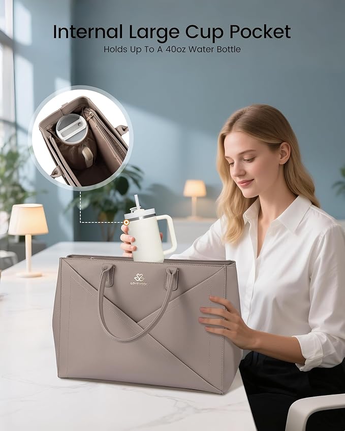 LOVEVOOK Laptop Tote Bag for Women with Large Cup Holder, 17.6 Inch PU Leather Work Bag Teacher Tote Bag, Waterproof Computer Bags Business Office Briefcase Handbag