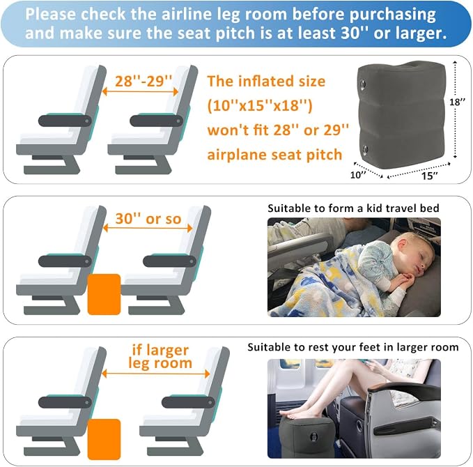 Inflatable Airplane Foot Rest Pillow - Travel Foot Rest for Long Flights, Car Seat Foot Rest for Kids Airplane Seat Extender Bed for Toddler, Blow up Plane Footrest with Easy-Carry Strap, Gray 2 Pack