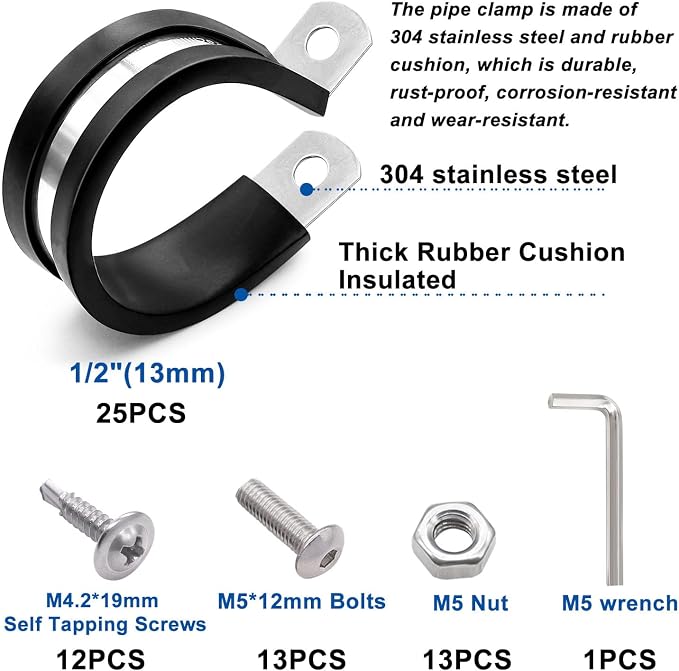 Taiss 50PCS 1/2 Inch Cable Clamps 304 Stainless Steel Rubber Cushion Insulated Wire Clamp,Pipe Clamps Loop Clamps,Metal Clamp With two kinds of screws (13mm)