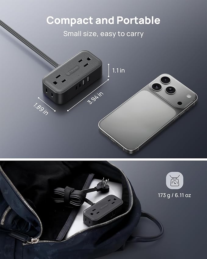 TROND Flat Plug Power Strip 5FT, Small Flat Extension Cord with Multiple Outlets, 4 AC and 4 USB Ports (2 USB C), Wall Mount 900J Surge Protector for Home Office Travel Dorm Room Essentials, Black