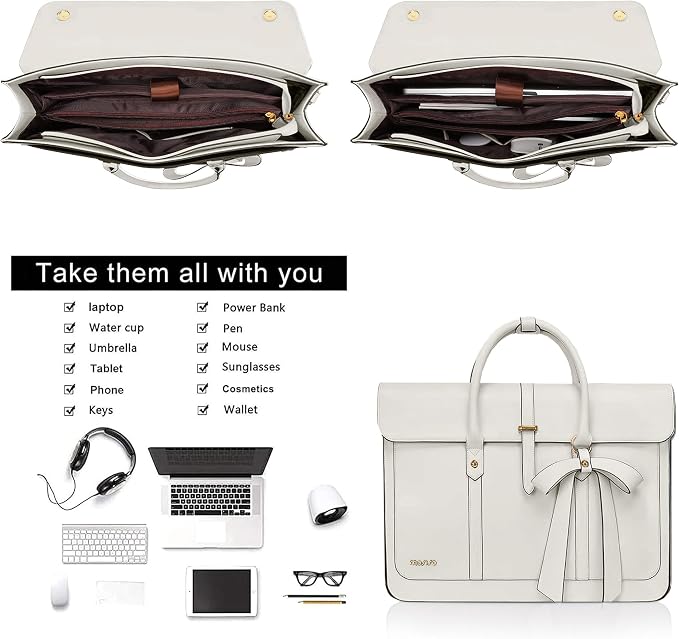 MOSISO Laptop Bag for Women, 13-14 inch PU Leather Laptop Shoulder Bags Convertible Backpack, 13.3 inch Messenger Bags Casual Handbag Work Briefcase Travel Computer Bag with Bowknot, Beige