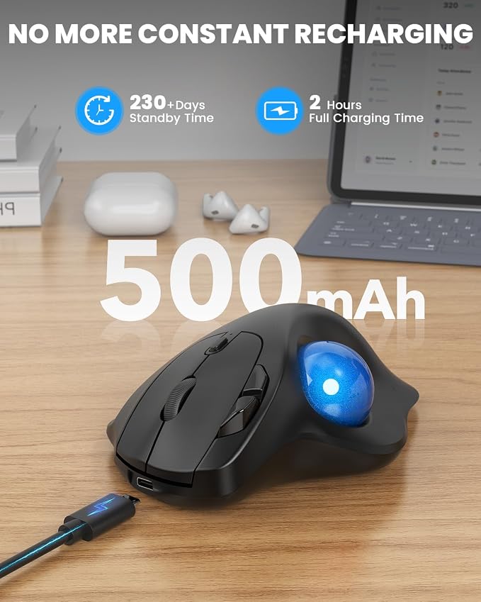 SABLUTE MAM2 Wireless Trackball Mouse with 5-Level DPI, Ergonomic Mouse Wireless 2.4G Plug-and-Play for 3 Devices (Bluetooth or USB Receiver), 500mAh Battery, Compatible with PC/Laptop/Mac-Blue Ball