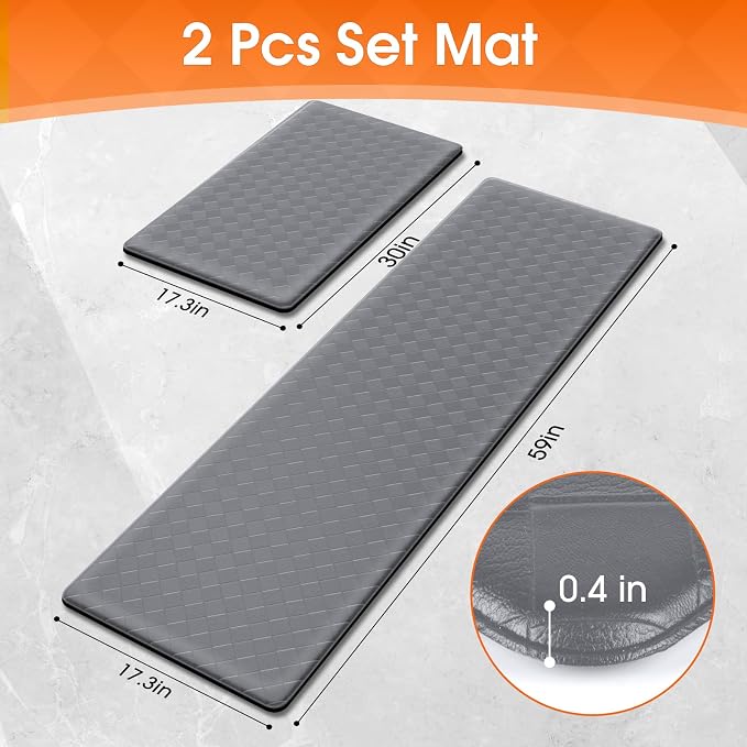 TranquilRelax Kitchen Mats, 2PCS Kitchen Rugs, Cushioned Anti Fatigue Kitchen Mats for Floor, Non-Slip Standing Desk Mat, Waterproof Kitchen Rug Set for Kitchen Floor Office,17.3"×30"+17.3"×59" Grey