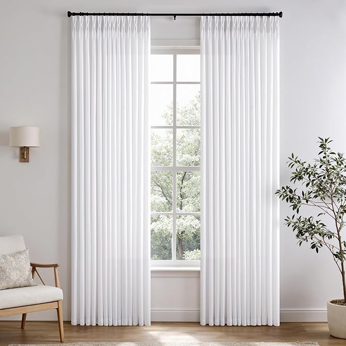 Memory Trained Pinch Pleated Curtains 92 Inches Long, Viral Linen Pinch Pleat Sheer Curtains with Ring Hooks&Clips for Track System Living Room, White Light Filtering Privacy Curtain 2 Panel Set