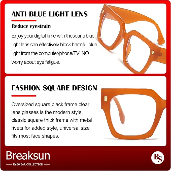 Breaksun Fashion Oversized Blue Light Blocking Glasses for Women Men Trendy Big Square Frame Computer Eyeglasses